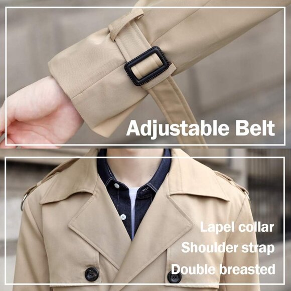 Men's Plush khaki Trench Coat Oversized Casual Windbreaker Lapel Long Overcoat - Picture 5 of 7